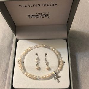Sterling Silver Swarovski, Pearl  bracelet/earring jewelry set, NIB